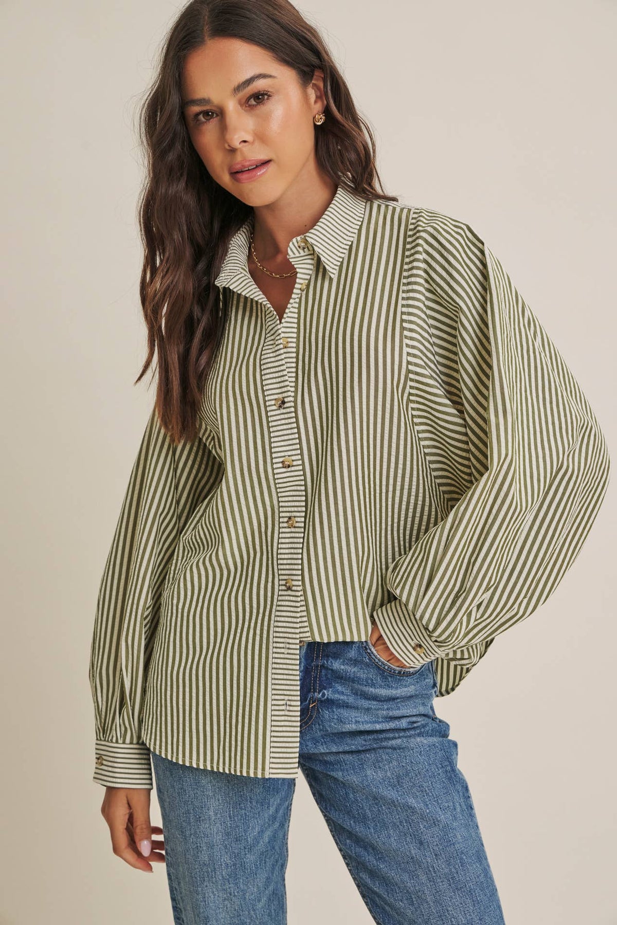 OLIVE EFFORTLESS DRAPE BUTTON-DOWN