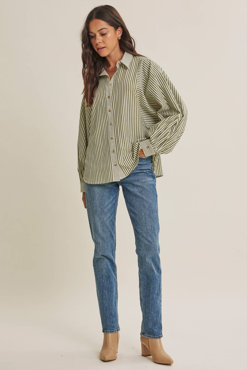 OLIVE EFFORTLESS DRAPE BUTTON-DOWN